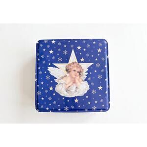 Vintage Christmas Angel Cherub Blue Tin Box 8x8x4 Stars Snowflakes Holiday
